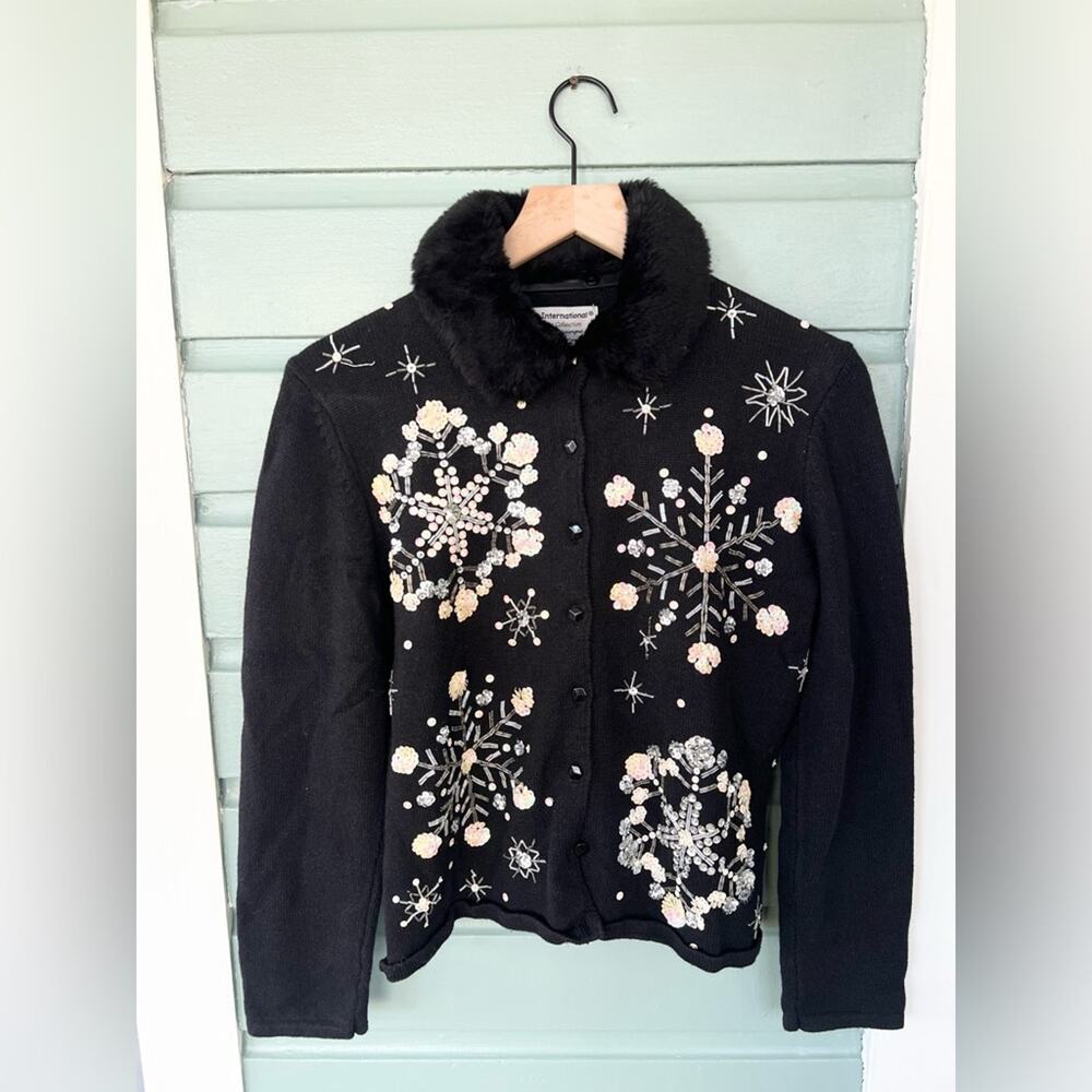 Vintage Y2K beaded sequin Christmas sweater holiday snowflake cardigan winter S
